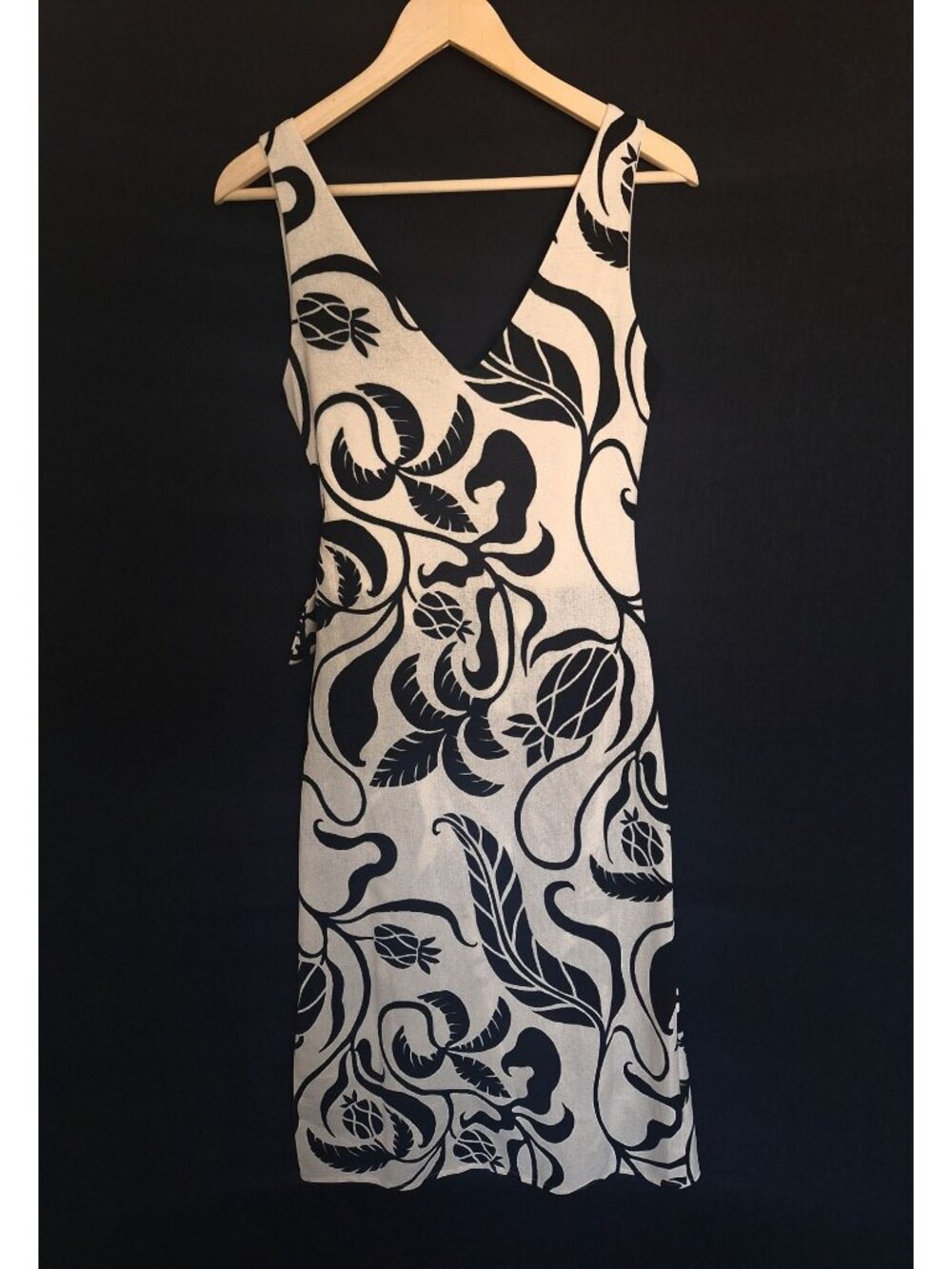 💙 H&M Black Cream Tropical Print Wrap Midi Dress Size S Sleeveless Preppy Tie W - Picture 7 of 8